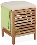 Relaxdays W&auml;schekorb mit Sitz, Walnussholz, Stoff, 35 l W&auml;schesammler, HBT:
