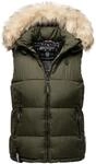 MARIKOO Damen Winter Weste Steppweste mit Kapuze und Fellkragen B896