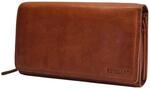 Old River Leder Damen Geldb&ouml;rse Cognac, gro&szlig;es Lederb&ouml;rse Portemonnaie Brieftasche