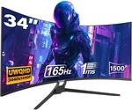Gawfolk Gaming Curved Monitor 34 Zoll 165Hz, 1500R Ultrawide PC Bildschirm UWQHD