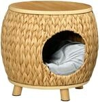 PawHut Rattan Katzenh&ouml;hle mit Kissen Katzenbett 44x43x42 cm Hellbraun+Grau 