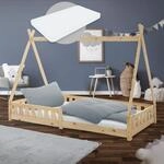 ML-Design Kinderbett Tipi 90x200 cm Natur mit Matratze H:10cm, Rausfallschutz &