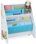 Relaxdays Kinder B&uuml;cherregal, 4 H&auml;ngefacher, Lagerfeuer Kindermotiv,