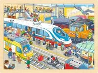goki 57316 &ndash; Einlegepuzzle Bahnhof aus Holz &ndash; 96-teiliges Kinderpuzzle mit