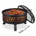 Relaxdays Feuerschale mit Grillrost & Funkenschutz, schwarz/Silber | Sch&uuml;rhaken,