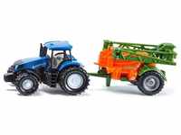 siku 1668, New Holland Traktor mit Feldspritze, Metall/Kunststoff, Blau/Orange,