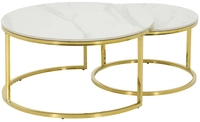 Couchtisch JOEL rund 2er Set 80x41/60x37 cm Mamor-Optik wei&szlig;/ Gestell goldfarbig