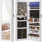 SONGMICS Schmuckschrank h&auml;ngend, Wandspiegel, 6 LED-Gl&uuml;hbirnen | Abschlie&szlig;barer