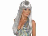 Glitter Disco Wig, Silver, Long Straight with Fringe