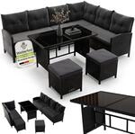 Juskys Polyrattan Lounge Manacor mit Ecksofa, Esstisch, 2 Hocker & Kissen -