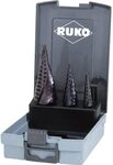 RUKO HSS Spiralstufenbohrer-Set in Kunststoffkoffer, TiAlN Finish, 3-teilig,