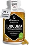 Kurkuma Kapseln hochdosiert & vegan, Piperin + Curcumin + Vitamin C, 120 Kapseln