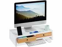 Relaxdays, weiß/Natur Monitorständer Bambus, Bildschirmerhöhung mit 2 Schubladen &