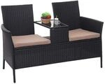 Mendler Poly-Rattan Sitzbank mit Tisch HWC-E24 - schwarz, Kissen Creme