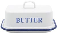 Kr&uuml;ger Emaille Butterdose Husum | F&uuml;r 250 g Butter | Wei&szlig; mit blauem Rand 