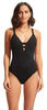 Seafolly Women's Active Deep V Plunge Maillot One Piece Swimsuit, Eco Collective