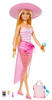 Barbie - Blonde Puppe mit pink-weißem Badeanzug, Sonnenhut, Tragetasche und