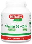 MEGAMAX Vitamin D3 1000 I.E. (25 &micro;g) + Zink 10 mg 100 Tabletten- Vitamin D3...
