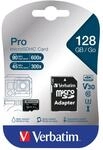 Verbatim Pro U3 Micro SDXC Speicherkarte mit Adapter, 128 GB, Datenspeicher f&uuml;r 4K