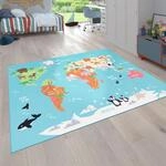 Paco Home Kinder-Teppich F&uuml;r Kinderzimmer, Spiel-Teppich, Weltkarte Mit Tieren