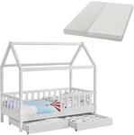 Juskys Kinderbett Marli 90 x 200 cm mit Bettkasten und Matratze Wei&szlig;