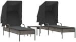 vidaXL Sonnenliegen 2 Stk. mit Dach und Tisch Grau Poly Rattan