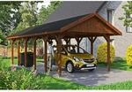 Satteldach-Carport Wallgau Nussbaum 430 x 900 cm schwarze Schindeln