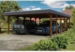 Skan Holz Carport Spreewald 585 cm x 893 cm EPDM Dach schwarze Blende Nussbaum