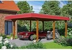 Skan Holz Carport Wendland Nussbaum 409 x 628 cm Alu-Dach Blende Rot