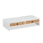 Relaxdays Monitorst&auml;nder MDF Bambus Wei&szlig; Natur mit 2 Schubladen 12 cm x 56 cm x 27