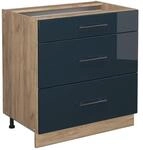 Vicco K&uuml;chenunterschrank Fame-Line Dunkelblau Hochglanz/Goldkraft Eiche 80 cm mit 3