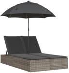 vidaXL Doppel-Sonnenliege mit Kissen & Sonnenschirm Grau Poly Rattan