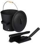Relaxdays Ascheeimer mit Deckel und Kehrset Eisen Schwarz 26 cm x 32 cm x 33 cm 1,2