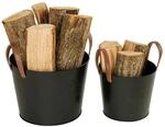 Relaxdays Kaminholzk&ouml;rbe 2er Set Eisen B&uuml;ffelleder Schwarz Braun mit Lederhenkeln