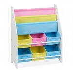 Relaxdays Kinderregal mit Boxen MDF Polyester Wei&szlig; Blau Gelb Rosa Faltbar 74 cm x