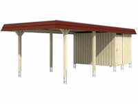 Skan Holz Carport Wendland Natur + Anbau 362 x 870 cm Alu-Dach Blende Rot