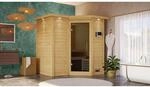Woodfeeling Sauna Steena 1 naturbelassen mit Dachkranz, T&uuml;r Graphit