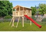 Karibu Stelzenhaus Benjamin Naturbelassen mit Leiter, Netzrampe & Rutsche Rot