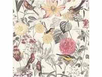 Bricoflor Englische Tapete mit Vögel Muster Rot Gelb Creme Vintage Blumentapete mit