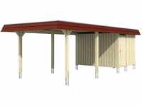 Skan Holz Carport Wendland Nussbaum + Anbau 362 x 870 cm Alu-Dach Blende Rot