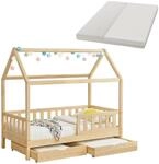 Juskys Kinderbett Marli 90 x 200 cm mit Bettkasten und Matratze Natur