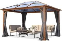 Gartenpavillon 3x4 m Holzoptik, ca 8 mm Polycarbonat-Dach, 4 Seitenteile in grau