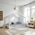 Homestyle4u Kinderbett 90x200 Hausbett Kinderhaus Holzbett Wei&szlig; Bettkasten mit