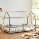 Hausbett &lsquo;Hesel&rsquo; f&uuml;r Kinder mit Rausfallschutz Lattenrost 90 x 200 cm Grau -