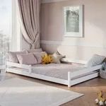 Bodenbett Holzbett mit Rausfallschutz & Lattenrost, Kinderbett Spielbett...
