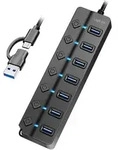 LogiLink USB 3.2 Gen1 Hub 7 Port Ein-/Ausschalter schwarz - Schwarz