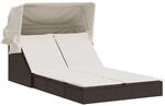 vidaXL Doppel-Sonnenliege mit Dach und Auflagen Braun Poly Rattan