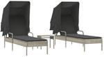 vidaXL Sonnenliegen 2 Stk. mit Dach und Tisch Hellgrau Poly Rattan