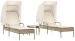Sonnenliegen 2-er Set mit Dach und Tisch Beige Poly Rattan