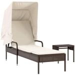 vidaXL Sonnenliege mit Dach und Tisch Braun Poly Rattan